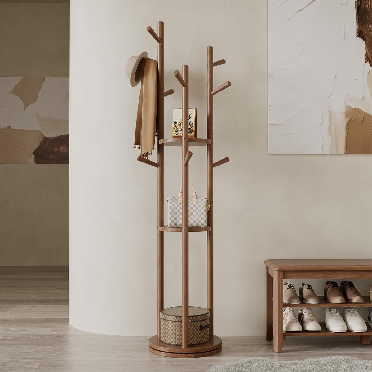 Muwuele Solid Wood Rotary Coat Rack, Freestanding Coat Rack with 3 Shelves and 9 Hooks, Coat tree for Bedroom, Entryway, Livingroom, Coat Hanger Stand for Coats, Scarves, Handbags (Walnut)
