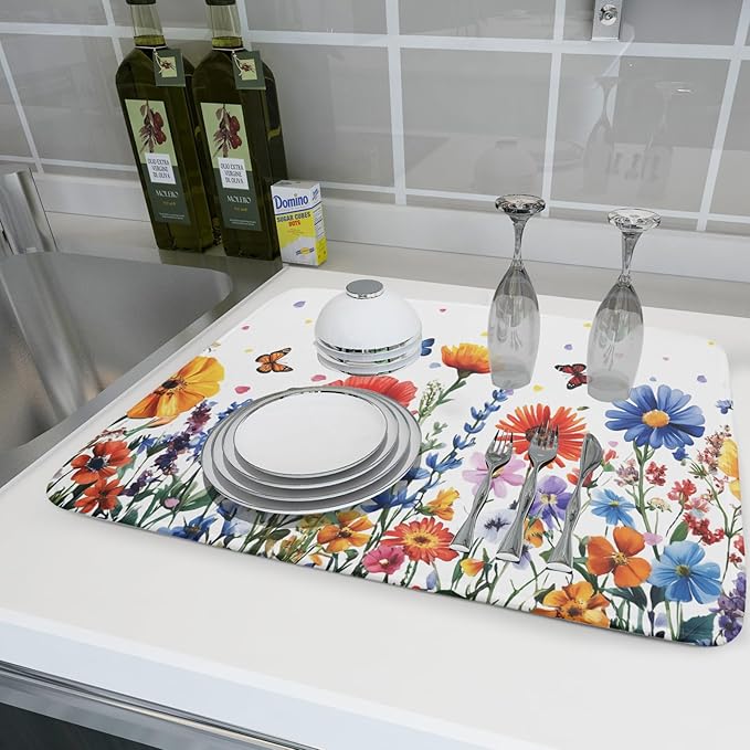 Watercolor Flower Dish Drying Mat 18x24 Inch Floral Butterfly Dish Drainer - Image 6