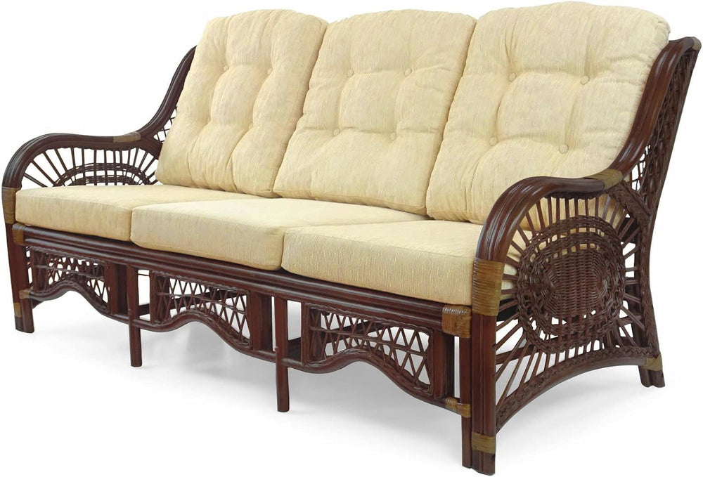 Malibu Lounge Three-Seater Sofa Natural Rattan Wicker Handmade Design (Cream ...