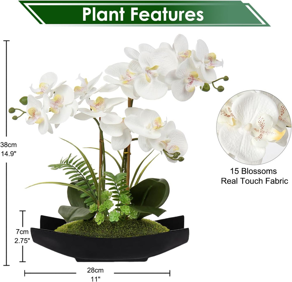 Briful Orchid Artificial Flowers 15in White Fake Orchid Silk Flowers with Bla...