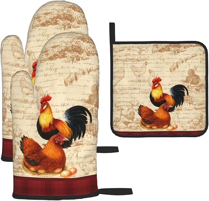 Retro Rustic Pot Holders and Oven Mitts Set of 3, Rooster Chicken Oven Gloves by Unknown