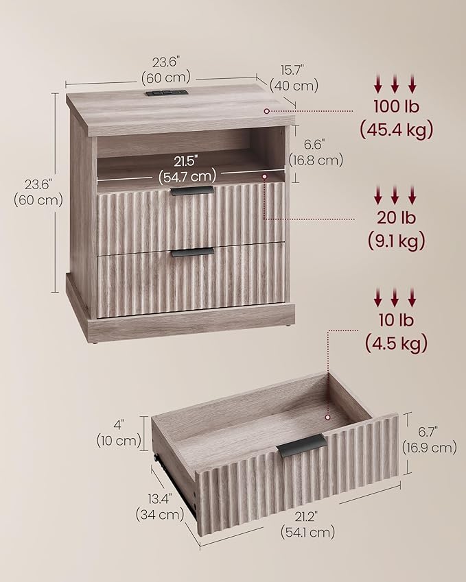 VASAGLE MAXE Collection - Nightstand with Charging Station, Bedside Table, Si...