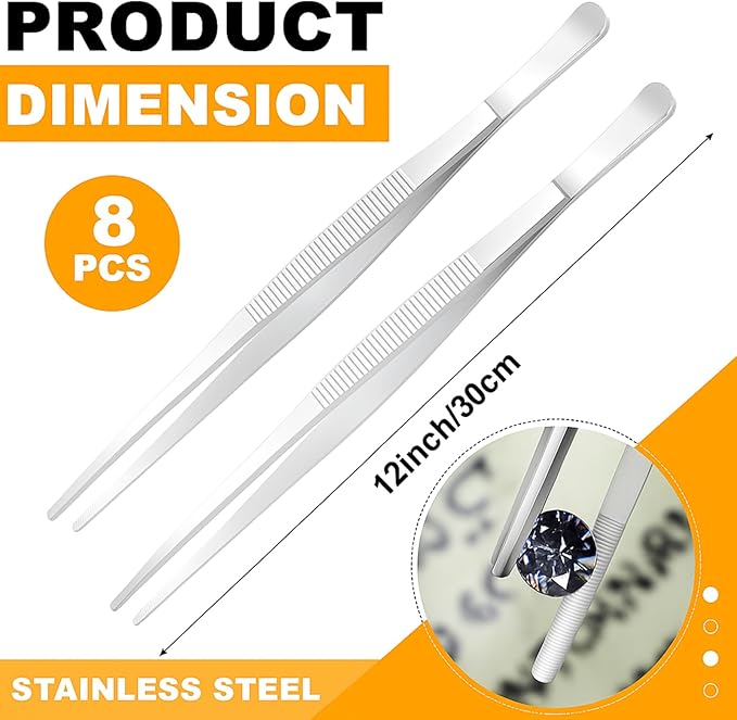 Yaomiao 8 Packs 12 Inch Bar Tweezers Silver Cocktail Tongs Long Garnish - Image 2