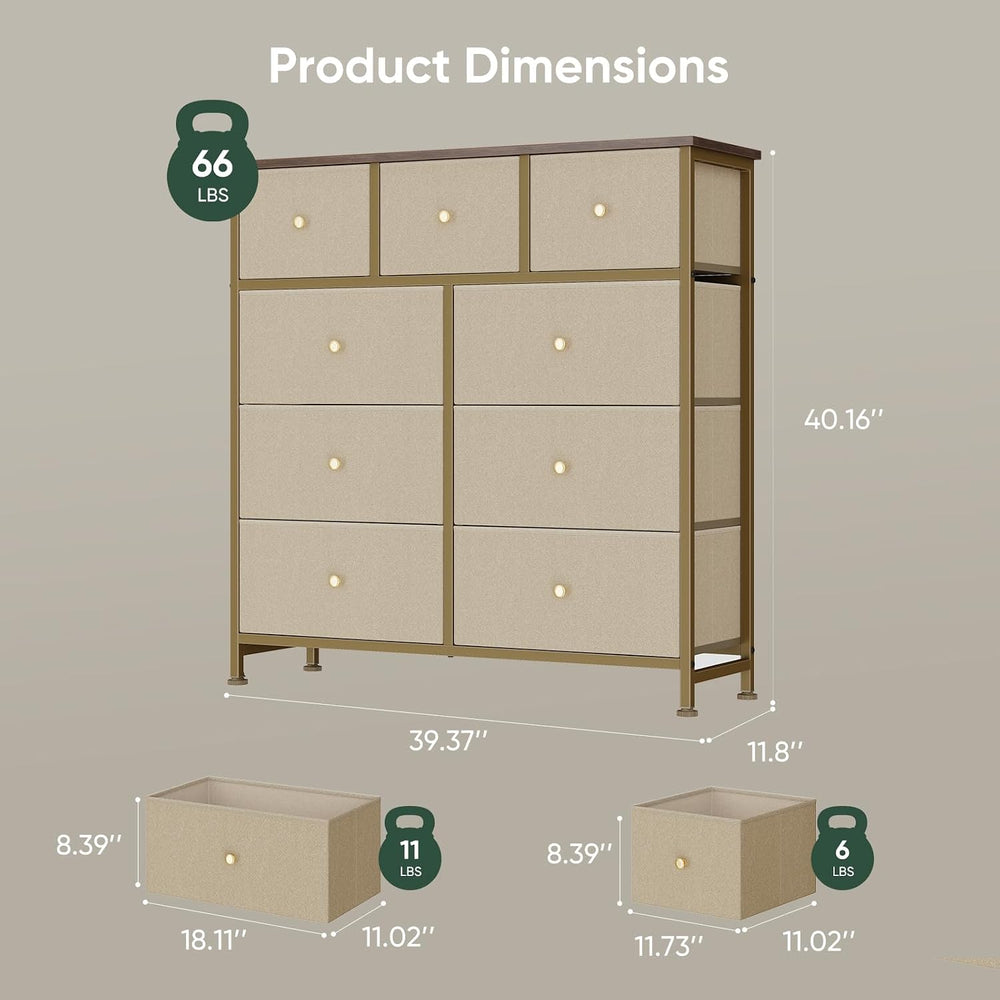 Dresser for Bedroom with 9 Drawers, Anti-Tip Fabric Storage Tower