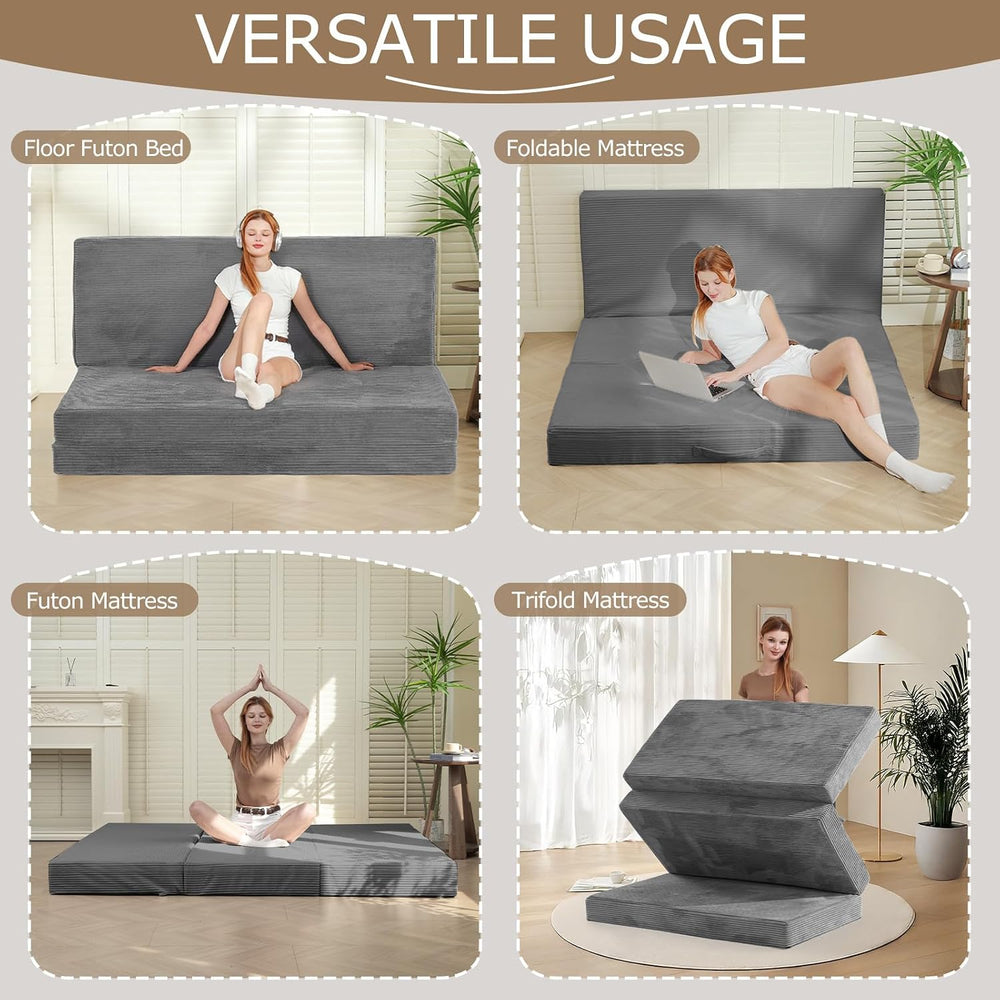 6-Inch Tri-Folding Mattress Full Size - Foldable Futon Sofa Bed with Removabl...