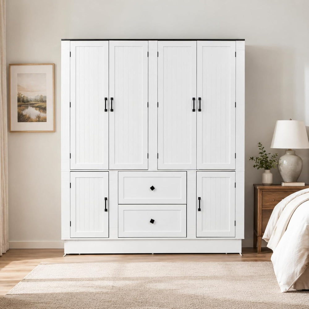 63"W White 6-Door Armoire Wardrobe Closet, 2 Drawers, LED Lights