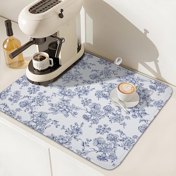 Blue Floral Dish Drying Mat for Kitchen Counter Chinoiserie Flower Microfiber - Image 7