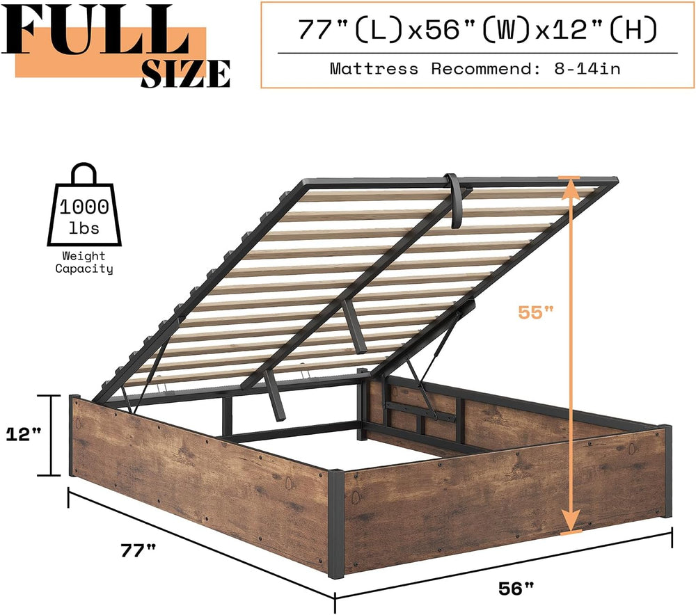 AMERLIFE Full Lift Up Storage Bed Frame, Rustic Brown