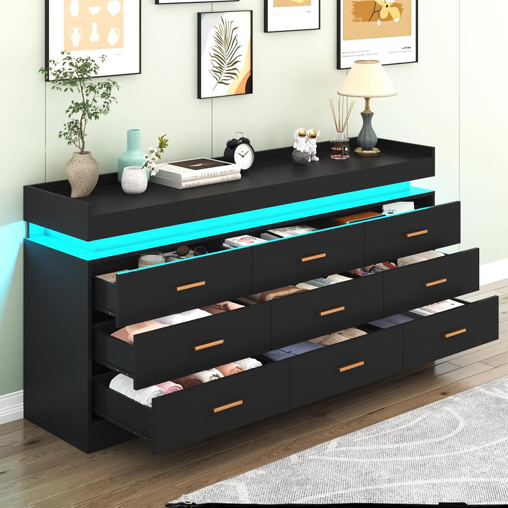 9 Drawer Dresser with LED Light and Charging Station, Modern Chest of Drawers...