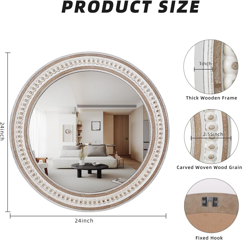 24 Inch Round Bathroom Mirror, Wooden Circular Mirrors for Wall Decor