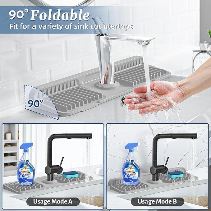 PoYang 17.7 inch Faucet Mat for Kitchen Sink Splash Guard, 7° Slope Silicone - Image 2