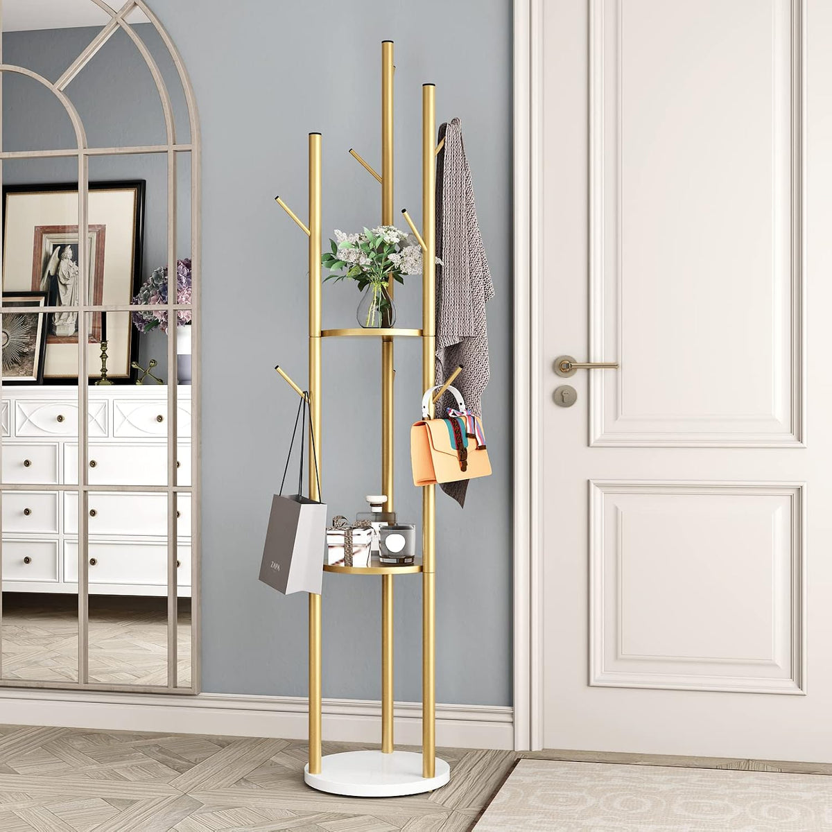 DOORXIFO Metal Gold Coat Racks Freestanding, Coat Hanger Stand, Hall Tree Rack for Hanging Hats, Scarves, Bags, Modern Coat Rack with Double Shelves, Corner Coat Rack, 9 Hooks, Gold