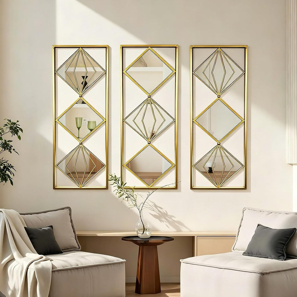 Set of 3 Gold Wall Mirrors, Large Geometric Decorative Mirrors with Metal Fra...