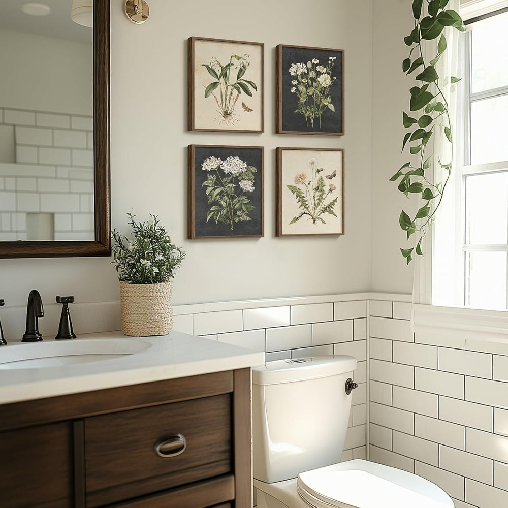 Framed Vintage Botanical Floral Wall Art for Bathroom, 4 Piece 8x10 In