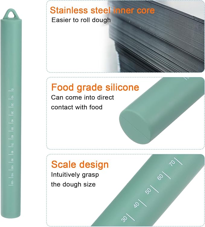 HARFINGTON 2pcs Silicone Rolling Pin 10" Stainless Silicone Surface Non-Stick - Image 4