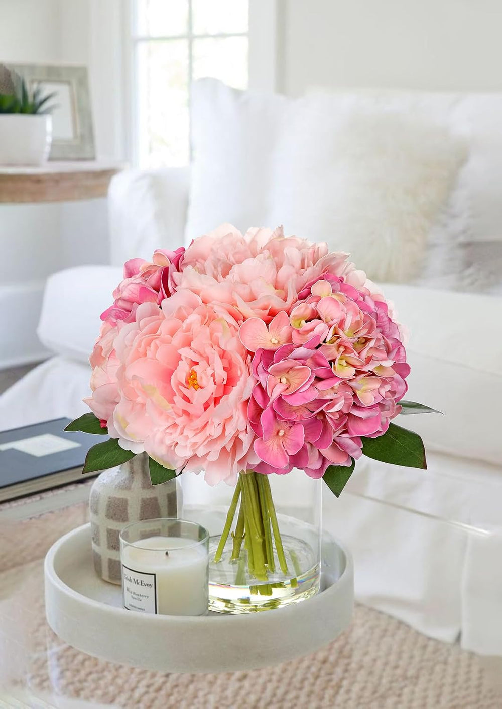 Hollyone Pink Hydrangea Peonies Artificial Flowers Real Touch Fake Flowers Ar...