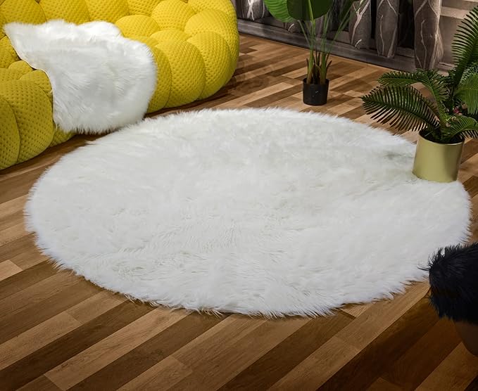 Latepis White Round Rugs 6ft Faux Fur Sheepskin Circle Rug - Image 3