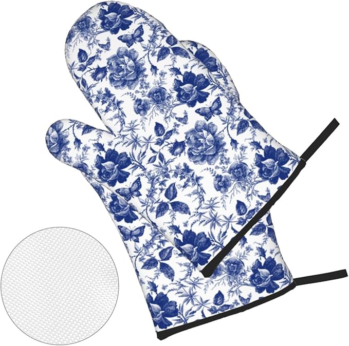 Blue and White Porcelain Floral Butterfly Oven Mitts and Pot Holders Set of 4 - Image 2