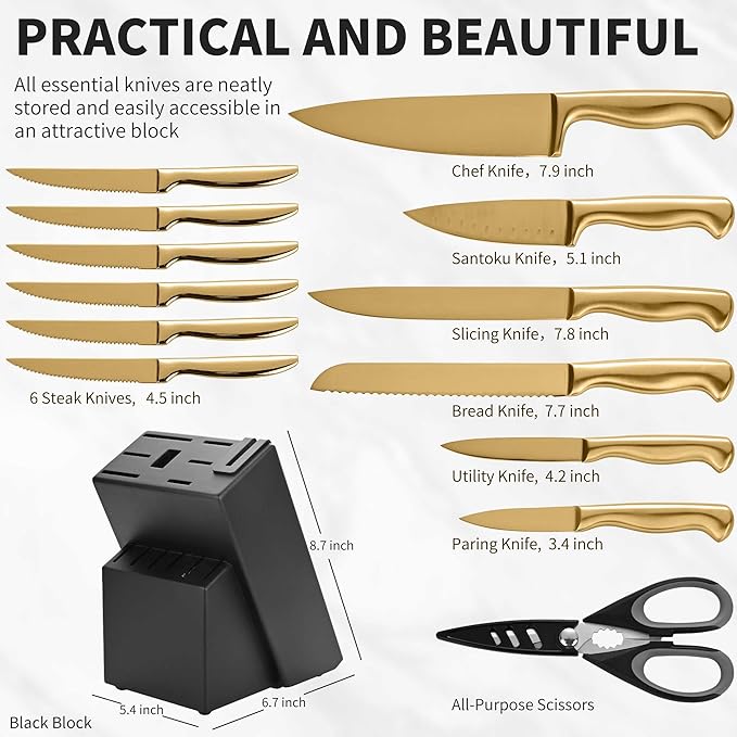 15-Piece Gold Kitchen Knife Block Set