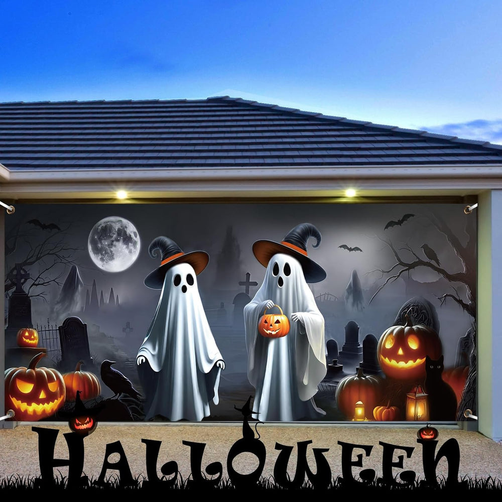 Preboun Halloween Ghost Garage Door Cover Banner 7 X 16 ft Spooky Outdoor