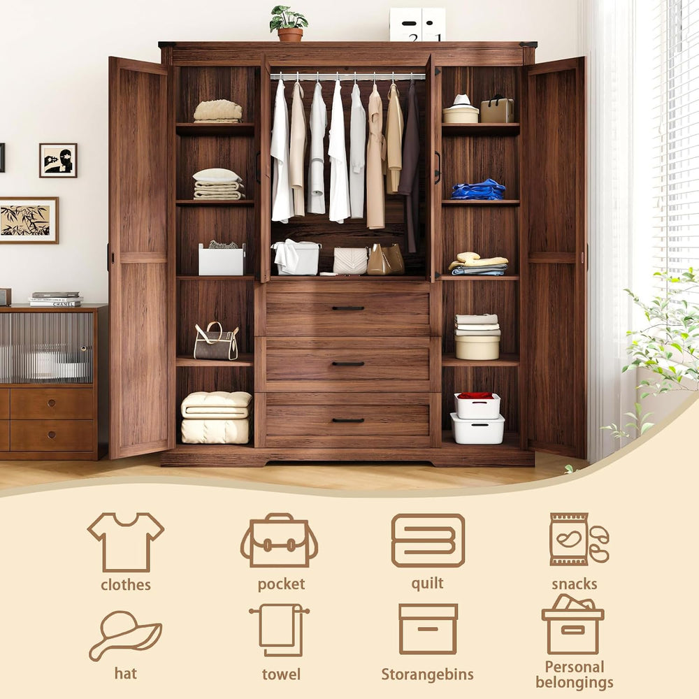 70" Tall Armoire Wardrobe Closet with 4 Doors & 3 Drawers, Farmhouse...