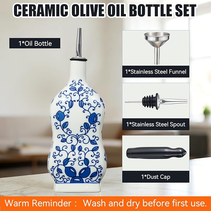 Ceramic Oil Dispenser 16oz, Square Blue and White Olive Oil Bottle - Image 5
