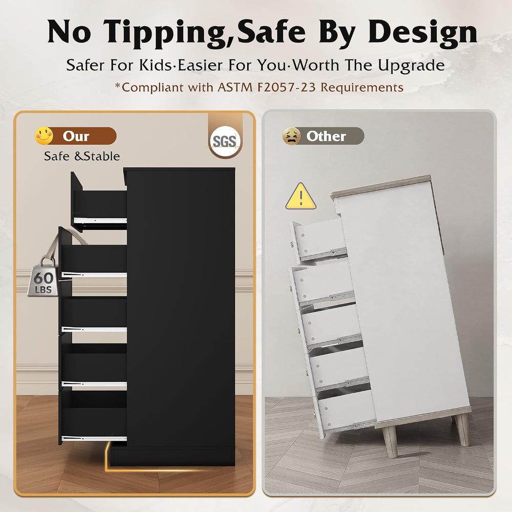 WLIVE Black 5 Drawer Dresser Tall for Bedroom with SGS-Tested Anti-Tip