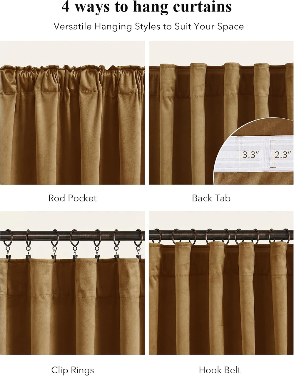 StangH Gold Brown Velvet Curtains for Living Room Boho, W52 x L84, 2 Panels