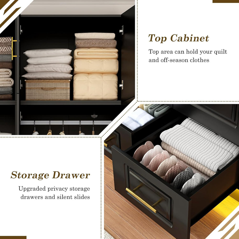 Hlivelood Large Armoire Wardrobe Closet Cabinet with Drawers and LED Lights, ...