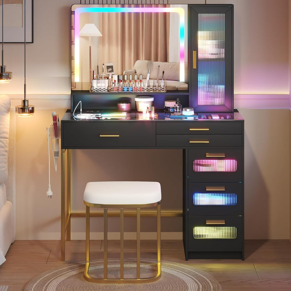 Vanity Desk with RGB LED Mirror, Glass Top and 6 Drawers - Black | SKKTKT Mak...