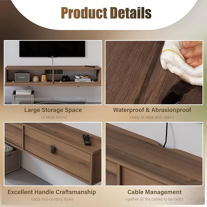 Solid Wood Floating TV Shelf, 55'' Wall Mounted TV Cabinet, Floating ...