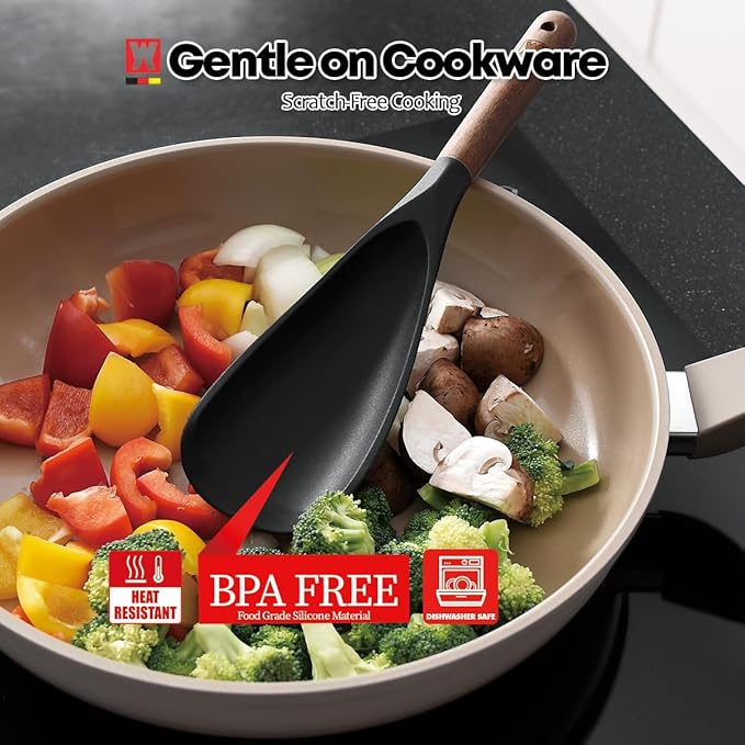 WAGENSTEIGER Set of 2pc Silicone Cooking Utensils: Wooden Handle Ladle + Long - Image 3