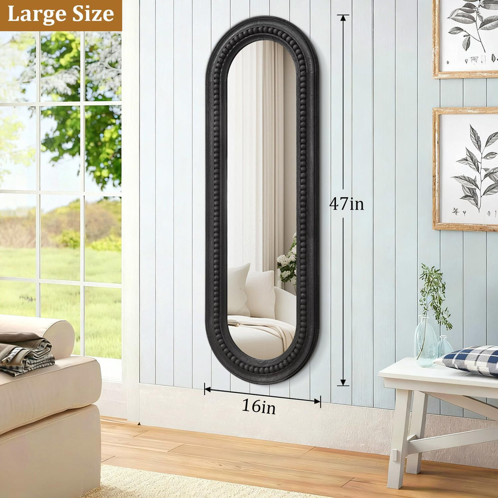 Oval Full Length Mirror with Beaded Wood Framed Black Decorative Large Wall M...