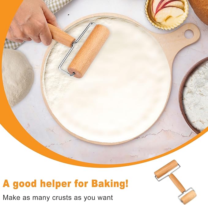2Pcs Pizza Dough Roller & Dough Docker, Wood Rolling Pin Stainless Steel Dough - Image 6