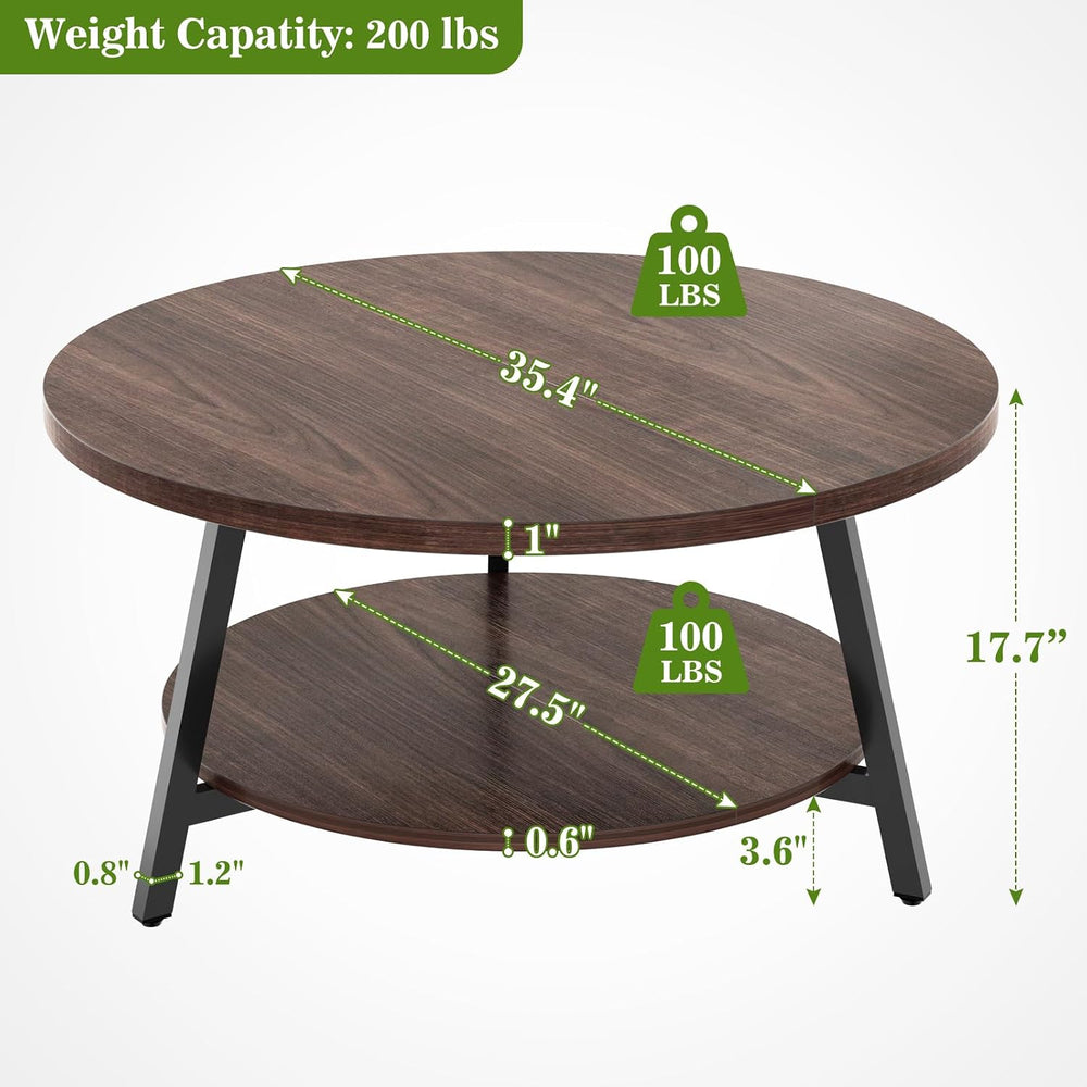 35.4" Round Wood Coffee Table with 2-Tier Storage, 1" Thick Top