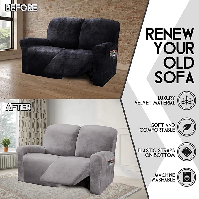 ULTICOR Reclining Love Seat Slipcover, 6-Piece Velvet Stretch Loveseat - Image 5