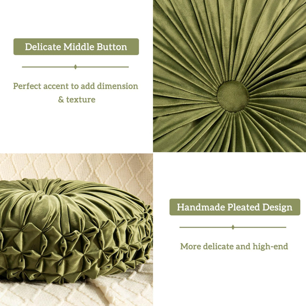 Round Throw Pillow Set of 2 – Decorative Velvet Ruched Pumpkin Pillows with B...