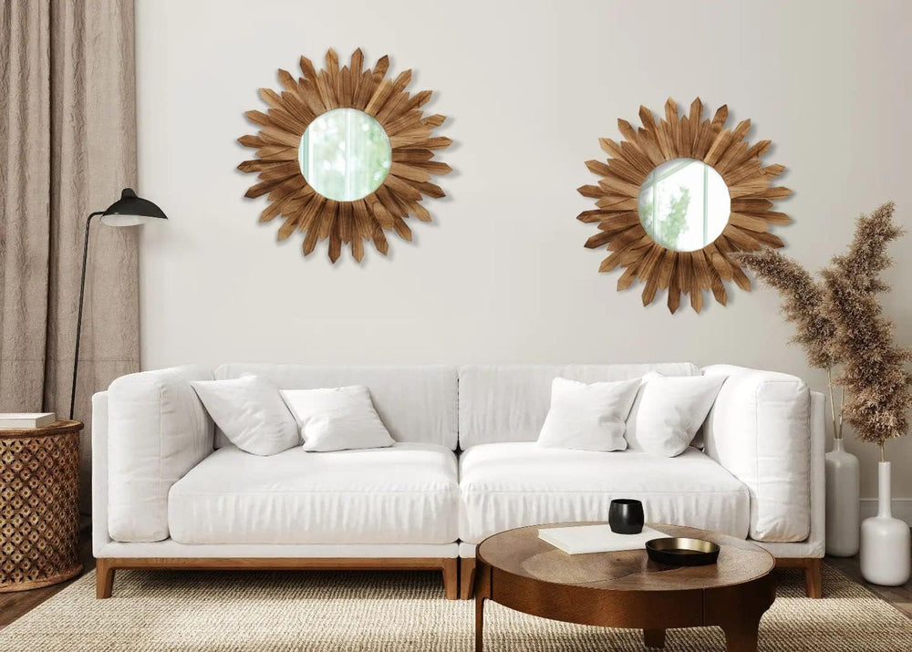LOSOUR 2 Pack 22 Inch Boho Wall Sunburst Mirror Rustic Round Wood Decorative ...