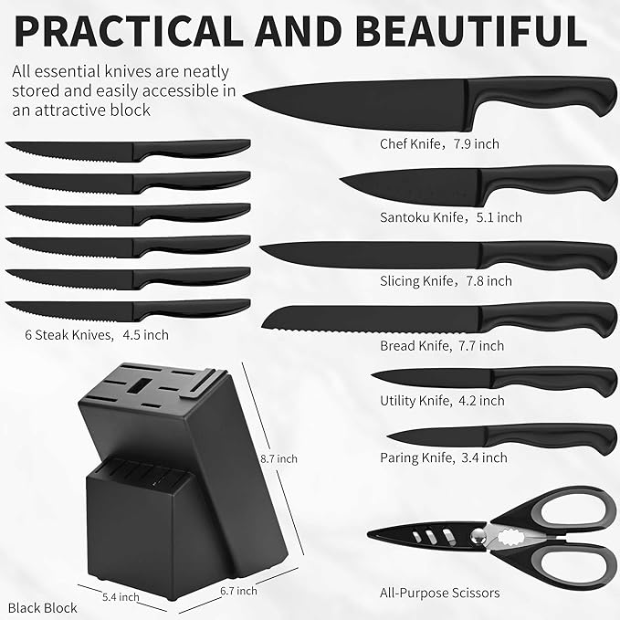Black Knives Set, 15-Piece Stainless Steel Kitchen Knife Block Sets - Image 2