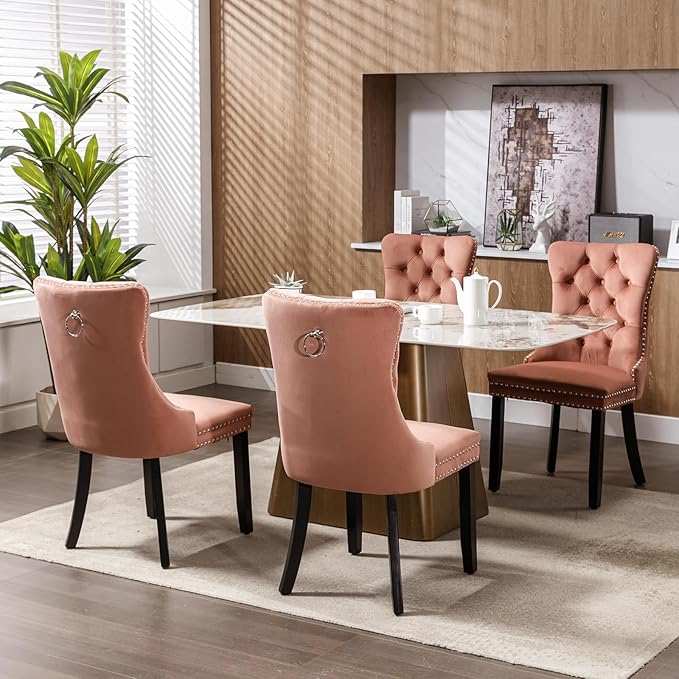 Modern Dining Chairs Set of 2, Tufted Upholstered Dining Chair with Solid Woo...
