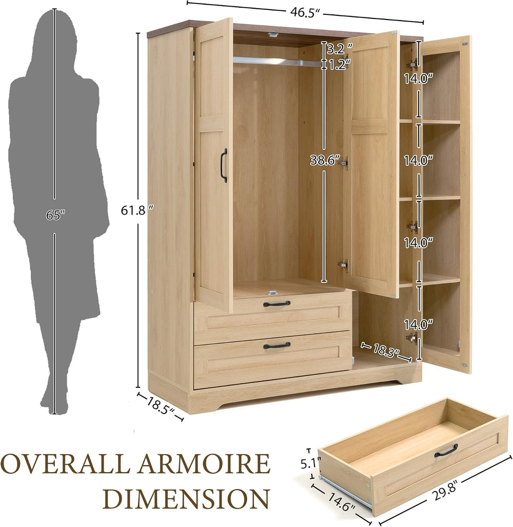 62" Wooden Armoire Wardrobe Closet with 3 Doors & 2 Drawers, Mirror