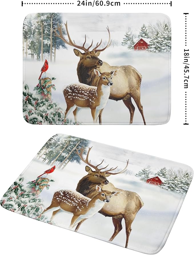 Giwawa Winter Deer Dish Drying Mat 18"x24" Xmas Tree Bird Holly Berry Dish - Image 2