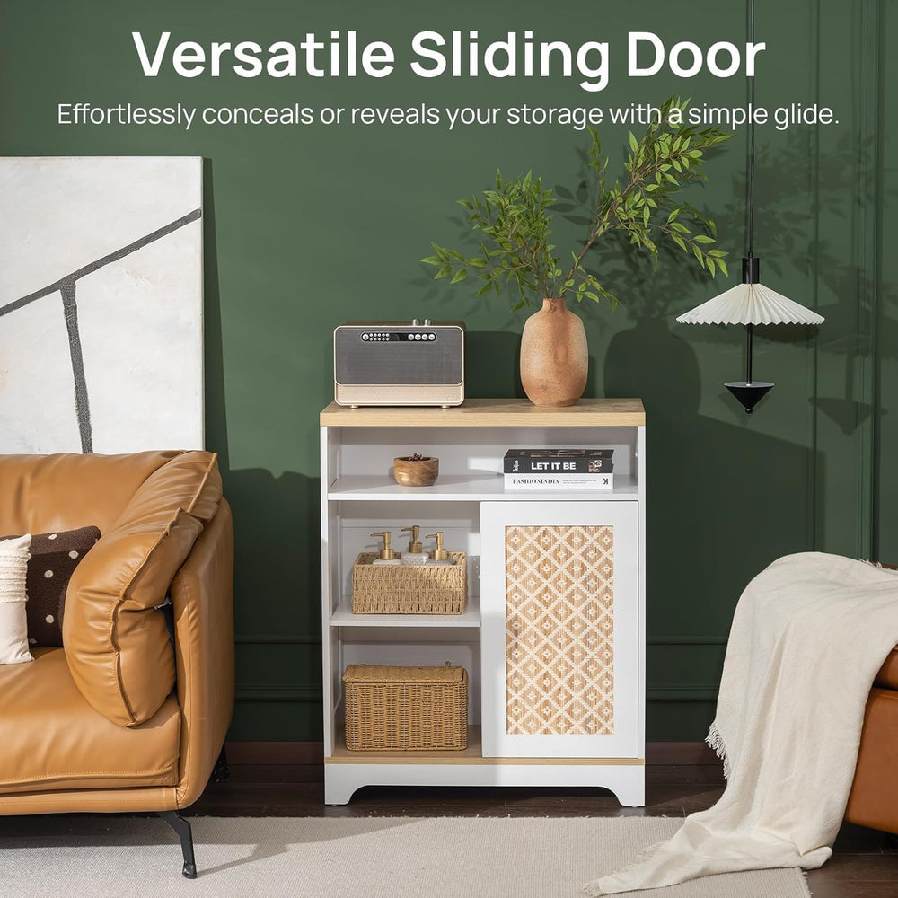 Sideboard Buffet Cabinet with Storage, Rattan Door and 3 Drawers, White | Sli...