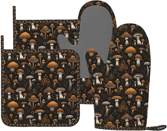 Oven Mitts and Pot Holders Set, Vintage Mushroom Leaf Silicone Kitchen by DADABULIU