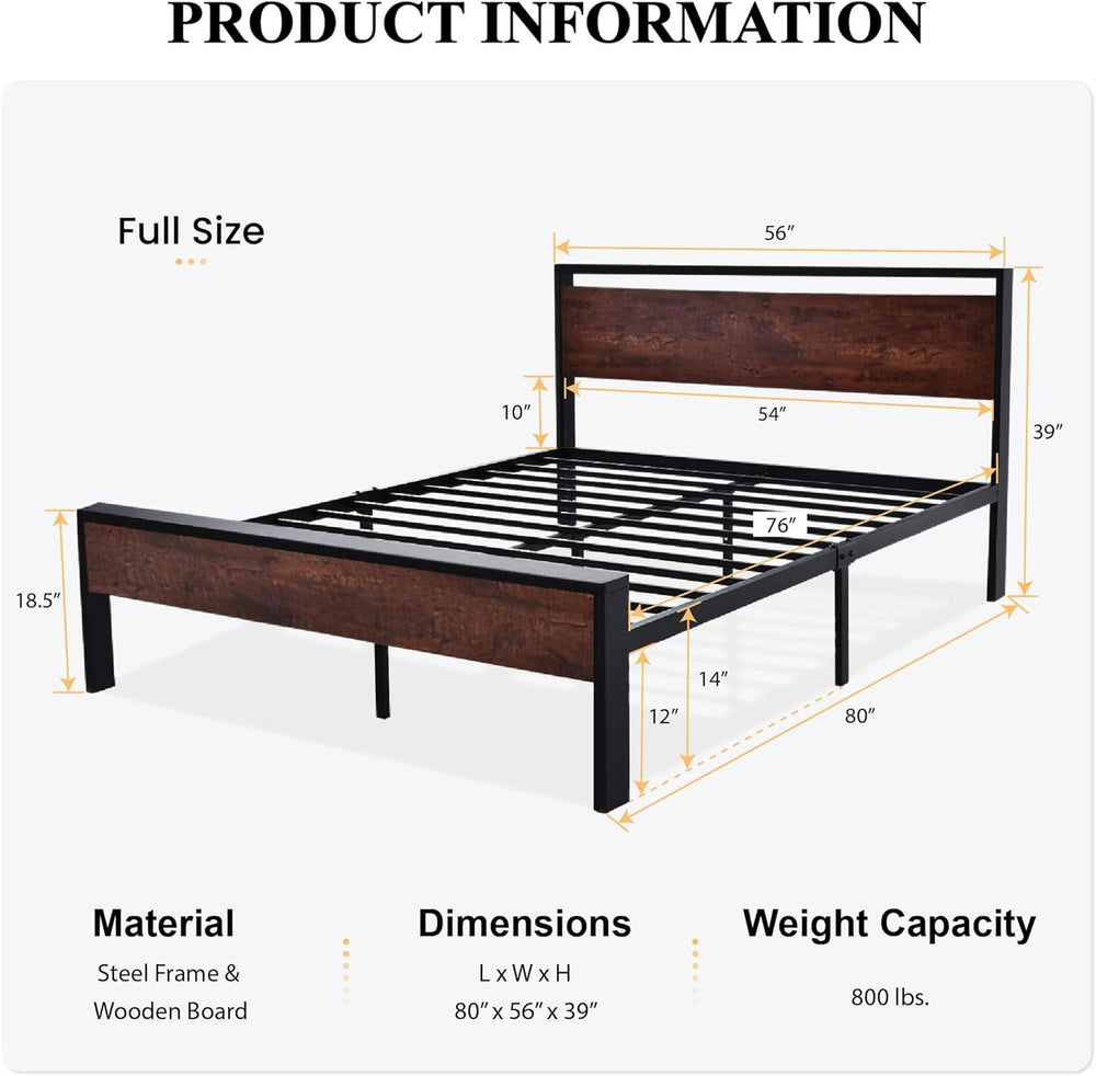 SHA CERLIN 14 Inch Full Size Metal Platform Bed Frame with Wooden Headboard a...