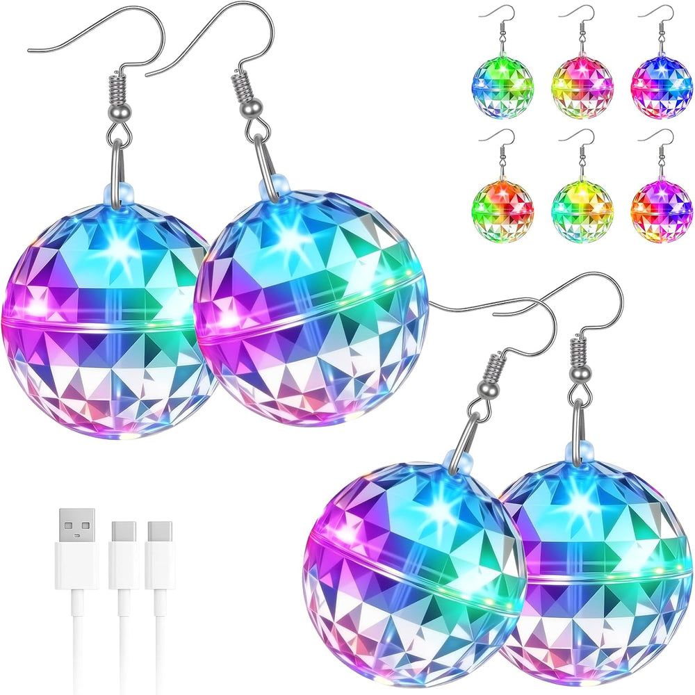 2 Pair Rechargeable Disco Ball Earrings 16 Light Modes, Light up Earrings 32m...