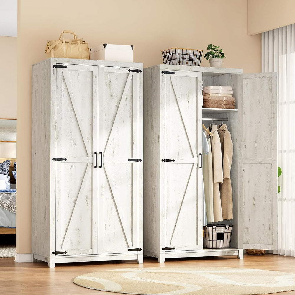 LUXOAK 70" Farmhouse Wardrobe Closet Set of 2 with Hanging Rod & Bar...