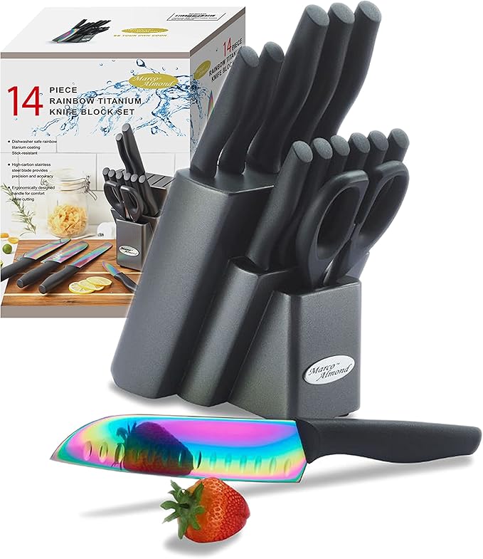 Marco Almond Knife Set with Block, 14 Piece Rainbow Titanium Knife Block Set by MarcoAlmond