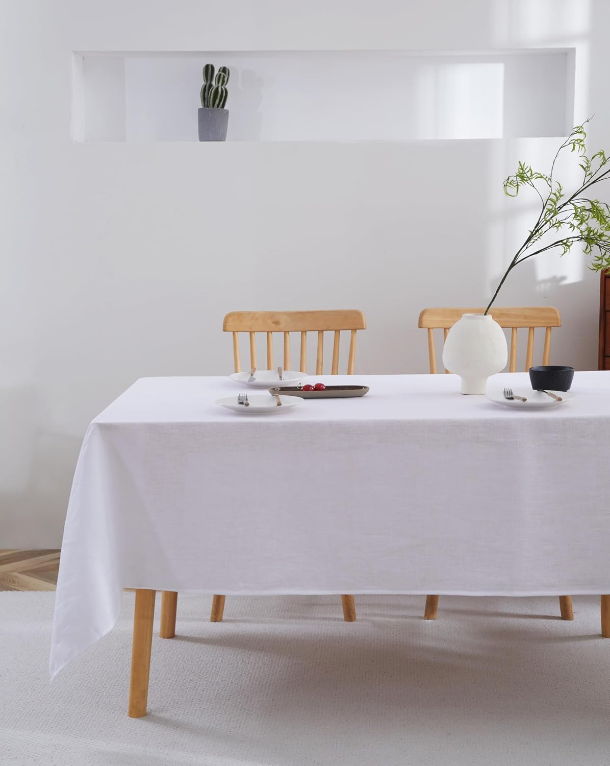 100% French Flax Linen Tablecloths Rectangle 132Lx60W Inch for Dinners, Parties, Easter, Halloween, Camping, Machine Washable, 12-14 Sets (60''x132'', White)