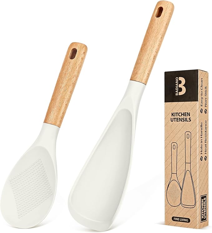 Cooking Spoon and Rice Scooper for Nonstick Cookwares, Wood Handle Spoon for by BADIANO